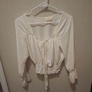 Free Kisses White Swiss‎ Dot Smocked Waist Long Sleeve Crop Top Blouse FK9926 L